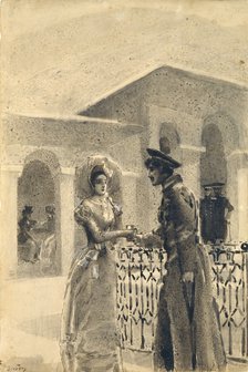 Princess Mary and Grushnitsky. Illustration to the novel A Hero of Our Time by Mikhail Lermontov, 1891. Artist: Vrubel, Mikhail Alexandrovich (1856-1910)