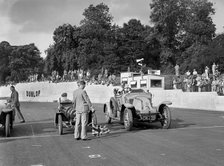 Bugatti and Renault on the start line for the Vintage Cup, Crystal Palace, 1939. Artist: Bill Brunell.