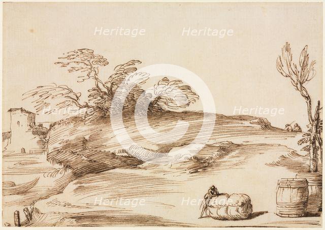 Landscape with a Man Leaning on a Bale, c. 1640. Creator: Guercino (Italian, 1591-1666).