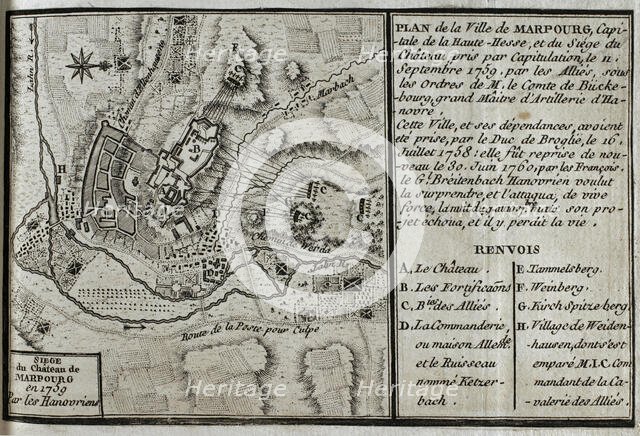 Seven Years War (1756-1763): Map of Marburg and siege of the castle, Hesse, 1759 (1765). Creator: Jean de Beaurain.