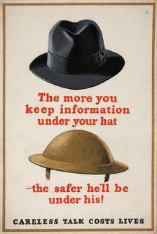 'The more you keep information under your hat - the safer...', WWII poster, between 1939 and 1946. Creators: Central Office of Information, Unknown.