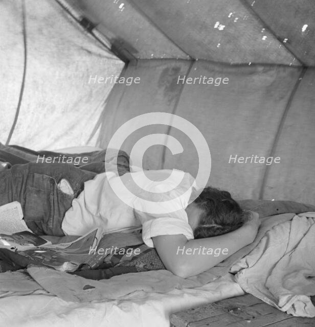 Inside a pea picker's tent in the middle of the morning, no work, Santa Clara County, CA, 1939. Creator: Dorothea Lange.