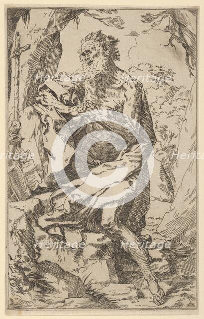 Saint Jerome kneeling on a rock in front of a cross and an open book facing left,..., ca. 1600-1640. Creator: Anon.