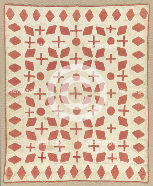Cream and red appliqued quilted bedcover, ca. 1850. Creator: Unknown.