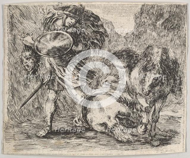 Perseus and Medusa, from 'Game of Mythology' (Jeu de la Mythologie), 1644. Creator: Stefano della Bella.