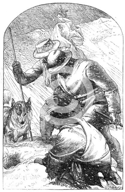 "Eildon Manor": Wilfred and the Keepers discovering Burton in a snowdrift, 1862. Creator: Unknown.