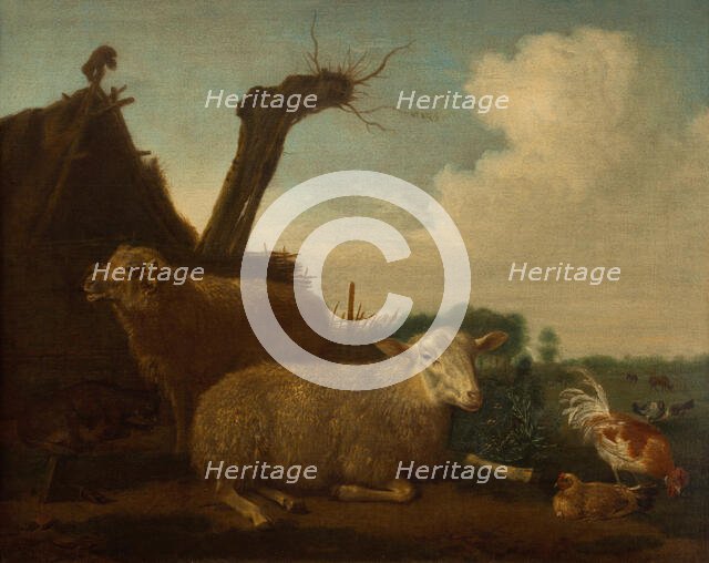 Dutch landscape with sheep, ram, goat, and poulty in front of a hut, 1658. Creator: Unknown.