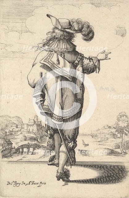 A gentleman wearing a plumed hat and carrying a sword, seen from behind, his right arm out..., 1629. Creator: Abraham Bosse.