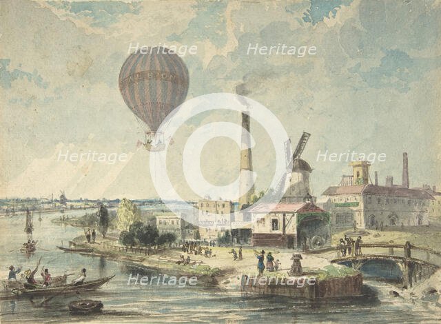 Mr. Green in the Albion Balloon, Having Ascended from Vauxhall Gardens, August 12,1842.  Creator: Anon.