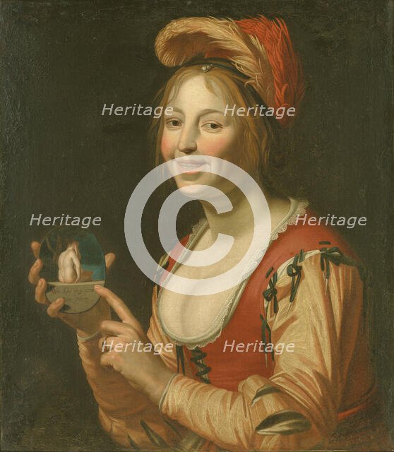 Laughing Girl Showing a Small Picture of a Nude Woman Seen from Behind, 1618-1671. Creators: Gerrit van Honthorst, Jan van Bijlert.