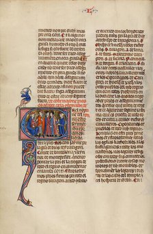 Initial E: Four Men before a King; Vidal Mayor, about 1290-1310. Creator: Unknown.