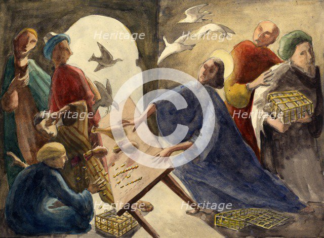 Christ throwing the merchants out of the temple, c1950. Creator: Shirley Markham.