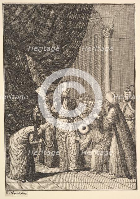 Sultan Ahmed III Crowned in the Mosque at Eyups (Aubry de La Mottraye's "Travels throug..., 1723-24. Creator: William Hogarth.