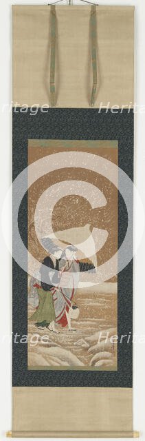 Two girls under umbrella in snowstorm, 1753-1806. Creator: Kitagawa Utamaro.