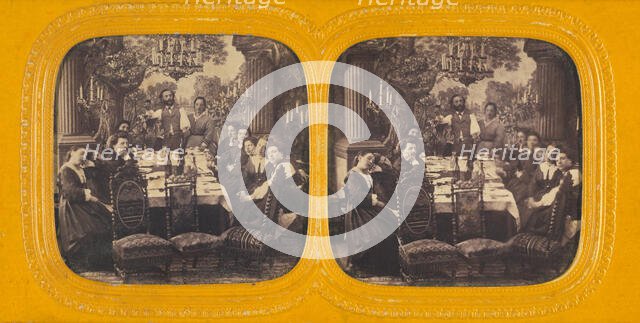 Group of people seated around a dining table, 1860s. Creator: E Lamy.