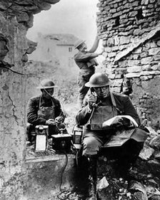United States Army Signal Corps using captured German telephone equipment, World War 1. Artist: Unknown