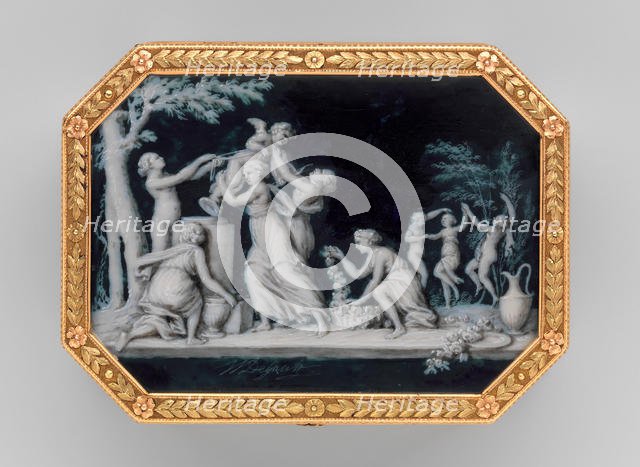 Snuffbox with miniatures representing the Diversions of Love..., miniatures ca. 1775, box ca. 1838-4 Creators: Jacques-Joseph Degault, Unknown.
