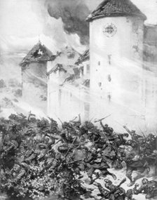 French and Germans battle under the walls of Chateau de Mondement, France, 1914.Artist: MHW Koekkok