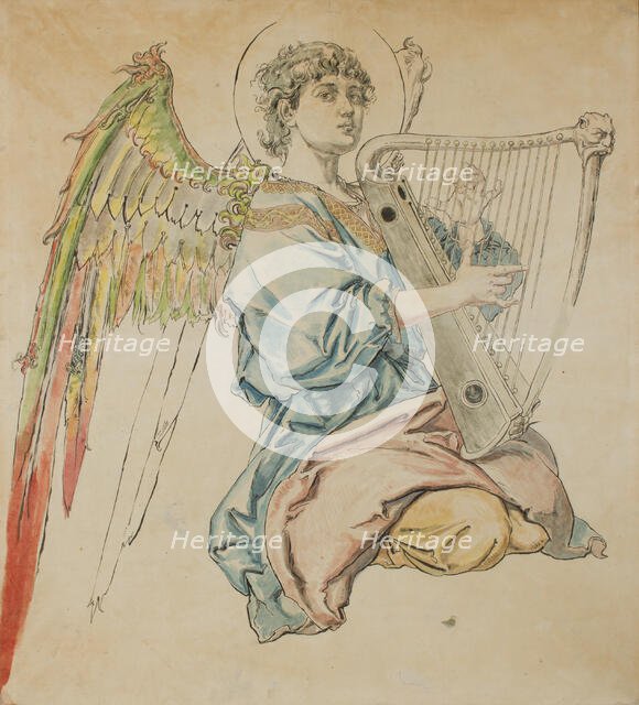 Cardboard for the Polychromy in the St Mary's Church-Figure of an Angel Playing..., 1888-1891. Creator: Jan Matejko.