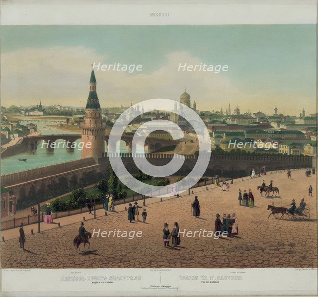 View of the Cathedral of Christ the Saviour and the Moscow Kremlin (from a panoramic view of Moscow in 10 parts), ca 1848. Artist: Benoist, Philippe (1813-after 1879)