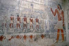 Offering bearers and deceased's portrait, polychrome relief, Mastaba of Kagemni, Saqqara,Egypt, 2003 Creator: Unknown.