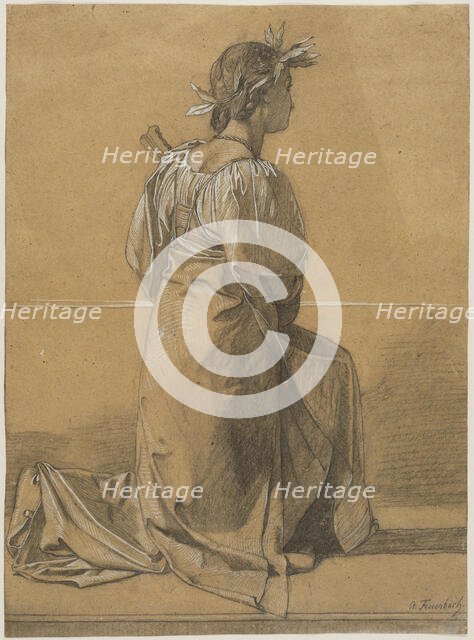 Kneeling Female Figure with Mandolin and Crowned with a Laurel Wreath, between 1857 and 1859. Creator: Anselm Friedrich Feuerbach.