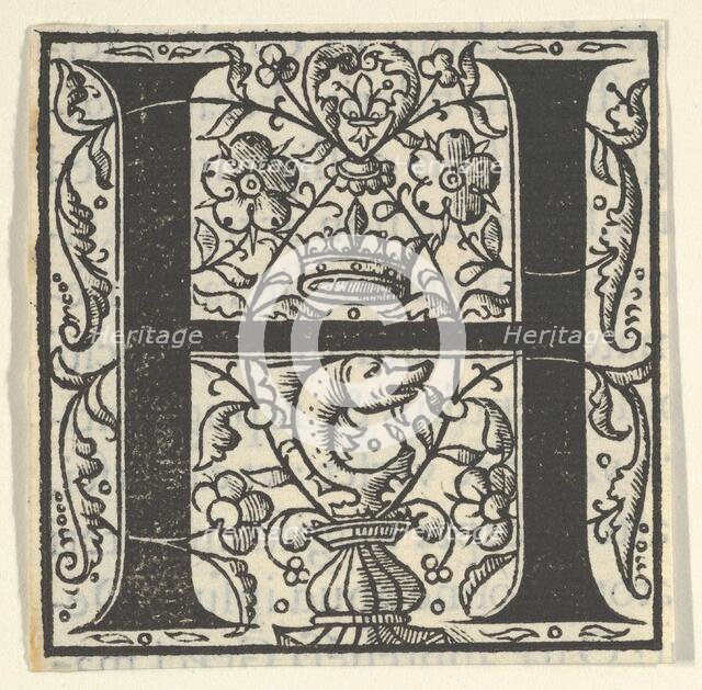 Initial letter H with dolphin and crown, mid-16th century. Creator: Unknown.