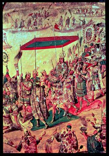 Reception of Moctezuma, detail of a nacred painting of the conquest of Mexico by Hernán Cortés, w…
