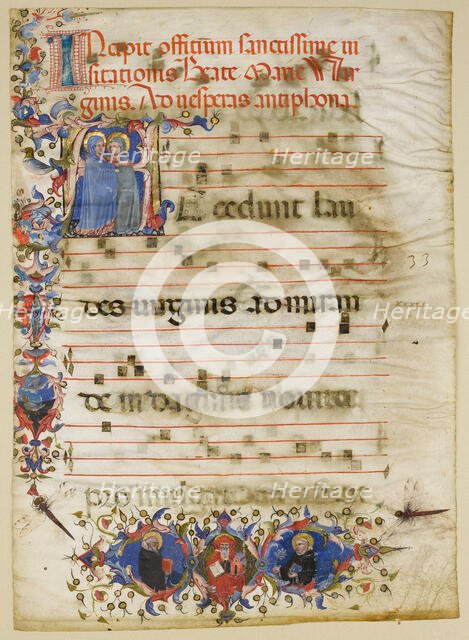 Manuscript Leaf with the Visitation in an Initial A and Cardinal Adam Easton..., Italian, ca. 1400. Creator: Unknown.