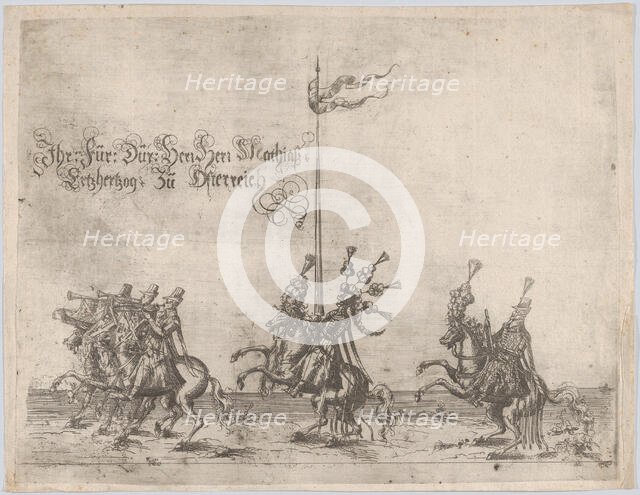 Procession, with men riding horses; three men playing trumpets at front, a knight ..., 16th century. Creator: Anon.