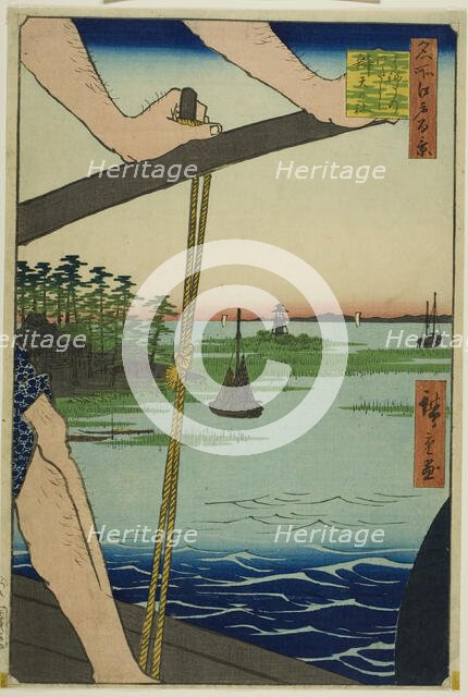 Haneda Ferry and Benten Shrine (Haneda no watashi Benten no yashiro), from the series..., 1858. Creator: Ando Hiroshige.