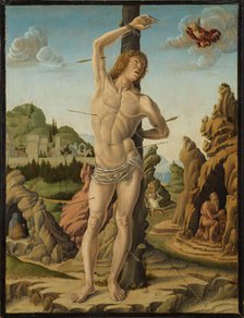 Saint Sebastian in a Rocky Landscape with Saints Jerome, Anthony Abbot and Christopher, 1475-1478. Creator: Zoppo, Marco (1433-1478).