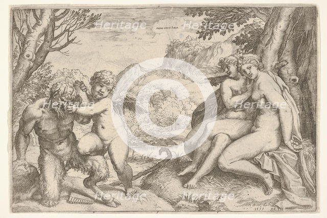 Love Conquers All (Omnia vincit Amor), in a struggle with a satyr Amor places his right kn..., 1599. Creator: Agostino Carracci.
