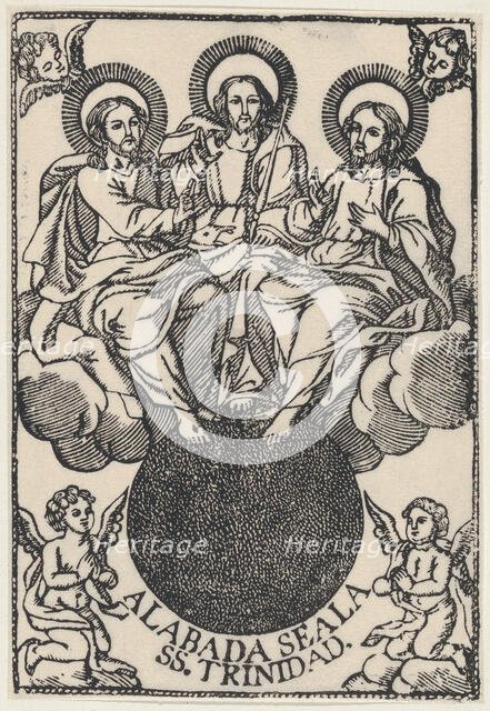 The Holy Trinity sitting on clouds surrounded by angels. Creator: Anon.