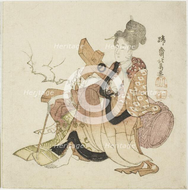 Woman leaning against wine cask, from an untitled series of Eight Immortals of the..., early 1800s. Creator: Hokuba.