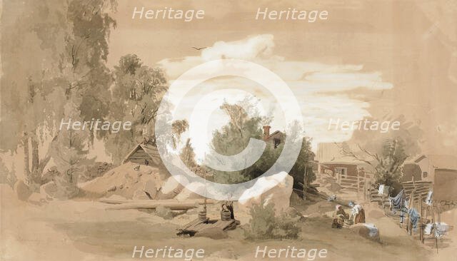 The yard of the house, women washing clothes in Tuomarinkyla, 1859. Creator: Werner Holmberg.