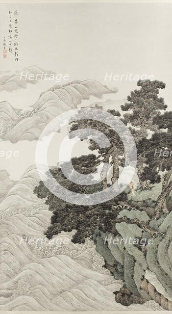 Solitary person under pines contemplating waves, 1820. Creator: Zhang Yin.