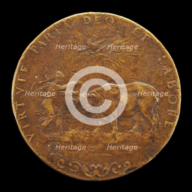 Female Figure Placing a Wreath on an Ox's Horns [reverse], probably 1558. Creator: Alessandro Vittoria.