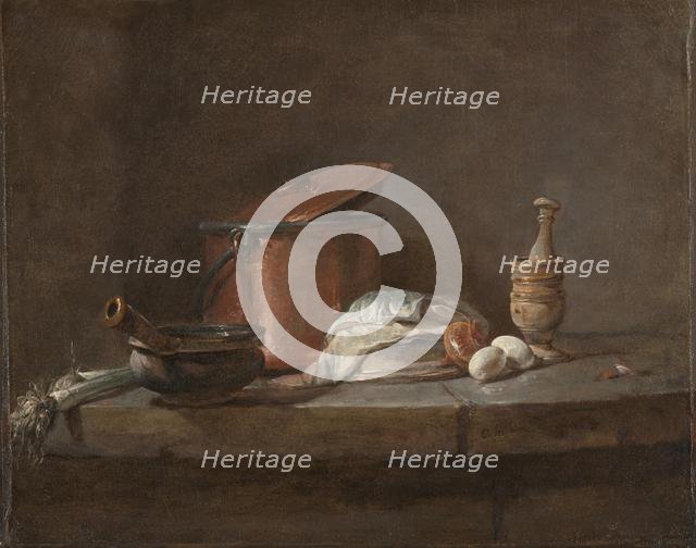 Kitchen Utensils with Leeks, Fish, and Eggs, c. 1734. Creator: Jean-Siméon Chardin (French, 1699-1779).