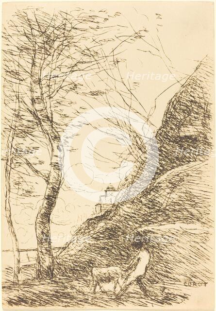 Shepherd Struggling with a Goat (Berger luttant avec sa chevre), 1874. Creator: Jean-Baptiste-Camille Corot.