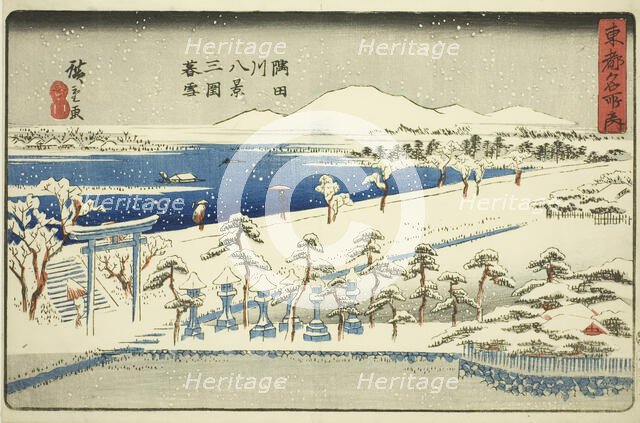 Evening Snow at Mimeguri, Eight Views of the Sumida River (Sumidagawa hakkei, Mimegu..., c. 1840/42. Creator: Ando Hiroshige.