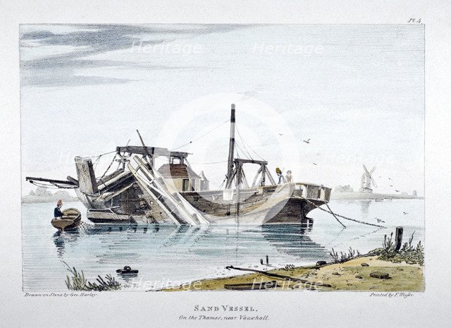 View of a sand vessel on the River Thames at Vauxhall, London, c1820.                                Artist: George Harley