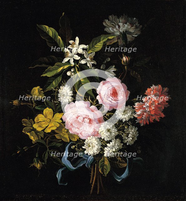 Bouquet of Chamomile, Roses, Orange Blossom and Carnations Tied with a Blue Ribbon. Artist: Monnoyer, Jean-Baptiste (1636-1699)