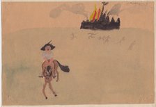 Girl on horse fleeing flaming fort, c1941. Creator: Shirley Markham.