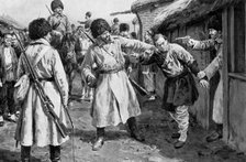 Cossacks searching for Japanese spies in a Manchurian village, Russo-Japanese War, 1904-5. Artist: Unknown