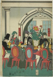 Foreigners from Five Nations at a Banquet (Gokakoku ijin shuen no zu), 1861. Creator: Yoshikazu.