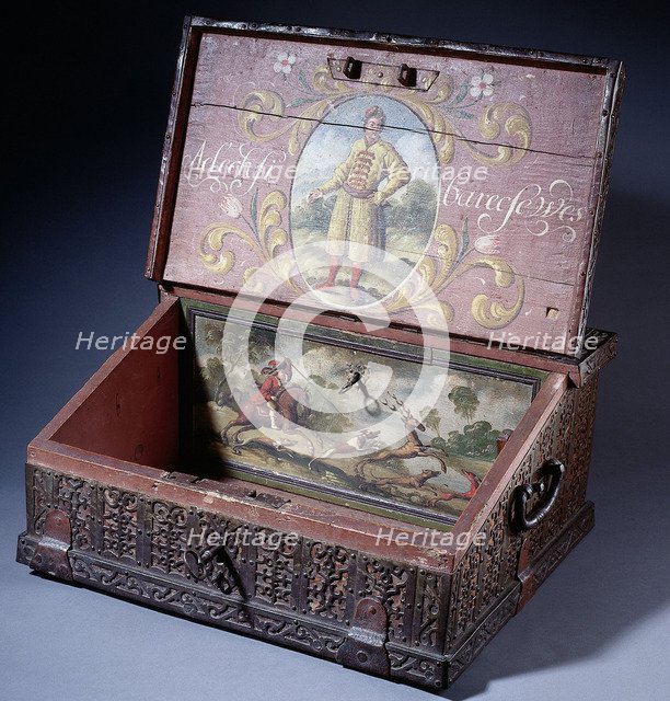 Wooden cash (or writing) box with poptrait of Peter the Great's son, ca. 1695. Artist: Anonymous master  