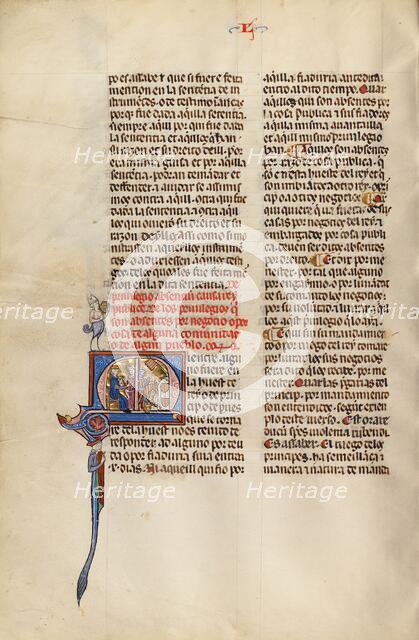 Initial M: A Judge and an Attorney and A Horseman before a Tent Decorated..., about 1290-1310. Creator: Unknown.