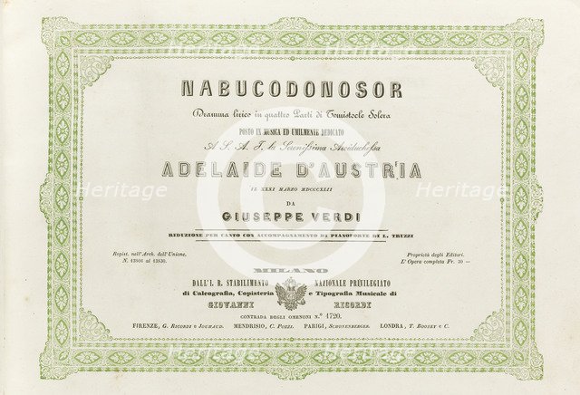 Cover of the score of the opera Nabucco by Giuseppe Verdi, 1842.