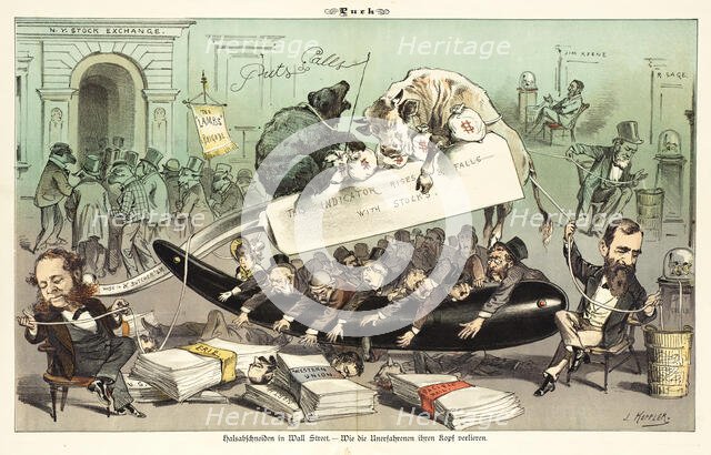 Halsabschneiden in Wall Street. Cartoon from Puck, 1881. Creators: Joseph Keppler, Bernhard Gillam.